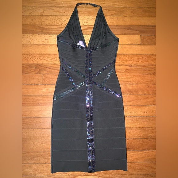 Herve Leger Kaitlyn Sequin Bandage Halter neck Mini Dress Army Green Small - Picture 6 of 7